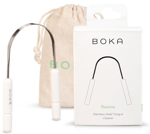 Boka Tongue Scraper for Adults & Kids with Case - Stainless Steel Tongue Cleaner w/Linen Travel Pouch - Scrubber to Remove Tongue Buildup and Freshen Breath (Pack of 1)