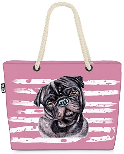 VOID XXL Strandtasche Mops Shopper Tasche 58x38x16cm 23L Beach Bag schwarz, Kissen Farbe:Rosa