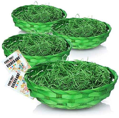 com-four® 4X Osterkörbchen mit Deko Gras und Eierfarben - grüne Osterkörbe mit grünem Gras - Bastkorb mit Ostergras und Ostereierfarben (Set 4 - grün)