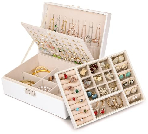 Chelory Jewellery Box Organiser for Women Girls, 3 Layer Large Jewellery Case Boxes for Necklace Earrings Rings Bracelets Ladies, PU Leather Travel Jewelry Storage Holder with Stackable Layer, White