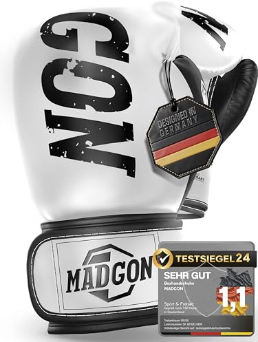 MADGON Gants de Boxe en Matériau de la Meilleure Qualité pour Une Durée de Vie Exceptionnelle - Gants MMA, pour Les Arts Martiaux, Le Sparring avec Une Absorption Optimale des Chocs, Sacoche Incluse