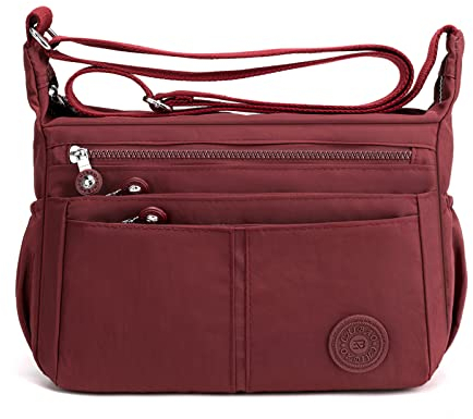 DIRRONA Umhängetasche Damen Groß - Leicht Wasserdicht Nylon Handtasche Damen Mit Vielen Fächern Schultertasche Für Arbeit Freizeit Reisen Und City Trips Elegantes Burgunder