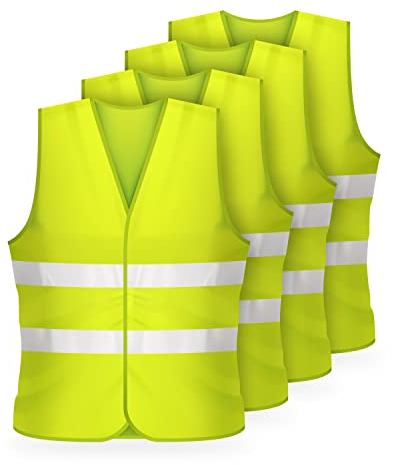 FLEXEO Warnwesten Auto nach EN ISO 20471 - Warnweste Erwachsene - Warnschutzweste - Sicherheitsweste - Motorrad - Baustelle - high Visibility Vest - Reflektierende Weste - EU Norm (4 Stück, Gelb)