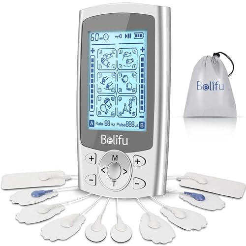 Belifu Dual Channel TENS EMS Unit 24 Modes Muscle Stimulator for Pain Relief Therapy, Electronic Pulse Massager Muscle Massager with 10 Pads, Dust-Proof Drawstring Storage Bag，Fastening Cable Ties