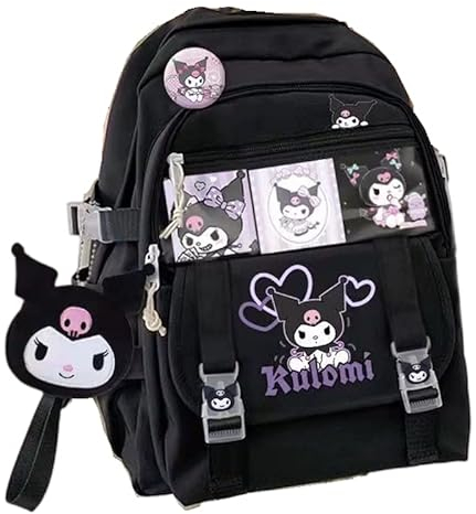 Ku-romi Rucksack Schultasche mit Seite Pokect groß geeignet für Teenager Junge Mädchen Wandern Camping Picknick, Schwarz, Puppe, Karte, Abzeichen, L