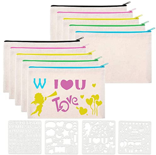 JOKILY 10 Stück DIY Blanko Stoffbeutel, Stoff Federmäppchen, Make up Taschen aus Segeltuch mit Reißverschluss, Stoffbeutel zum Bemalen mit 4 Zeichenvorlagen für Arbeit Schule Reisen