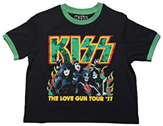 KISS Crop Top T Shirt St Paddys Band Logo Nue offiziell Damen Schwarz Ringer XL