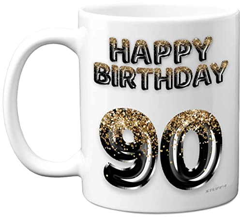90th Birthday Gift for Men - Black Gold Glitter Balloons - Happy Birthday Mug Present for 90 Year Old Dad Grandad Uncle Cousin Grandpa, 11oz Ceramic Dishwasher Safe Coffee Mugs Cup