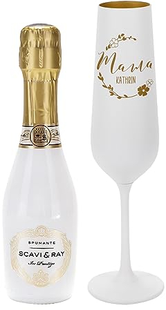 Herz & Heim® Geschenkset zum Muttertag/graviertes weiß-goldenes Sektglas und Piccolo Fläschchen Mama - Kranz & Wunschtext