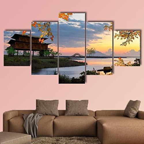5 teilige leinwandbilder Landschaft mit See China Kunstdrucke 5 Teilig Vlies Leinwandbild,Wandkunst 5 stück Leinwand Bilder,Wohnzimmer Schlafzimmer Wand Dekoration,mit rahmen xxl bilder 200x100cm