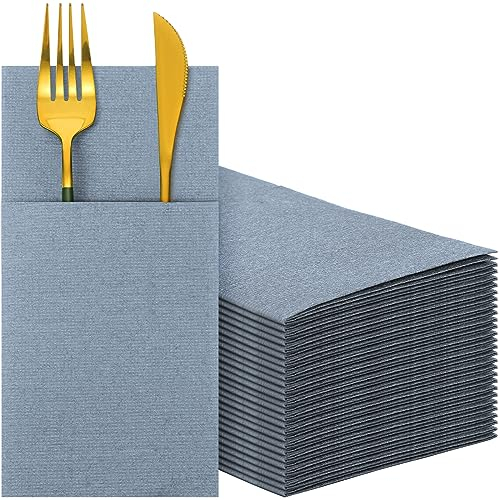 Qilery 150-Piece Disposable Napkins with Pocket, Dusty Blue, Paper, 15.6 x 16 inches, 2-Ply, Napkins, Dinner Napkins
