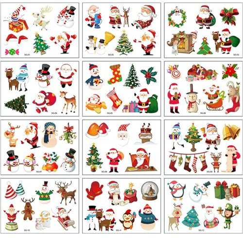 BOOSHMall Noël Tatouages Temporaires pour Enfants, 24 Feuilles Tatouage Noel Enfant, Faux Tatouage pour Filles et Garçon, Bonhomme, Renne, Sapin, Noel Chapeau Autocollant