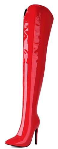 MJIASIAWA Damen Elegant Lack Overknees Boots Stiletto Party Pole Prom Pointed Toe Mode Thigh Overknees Stiefel Kleid Rot Gr 36 Eu