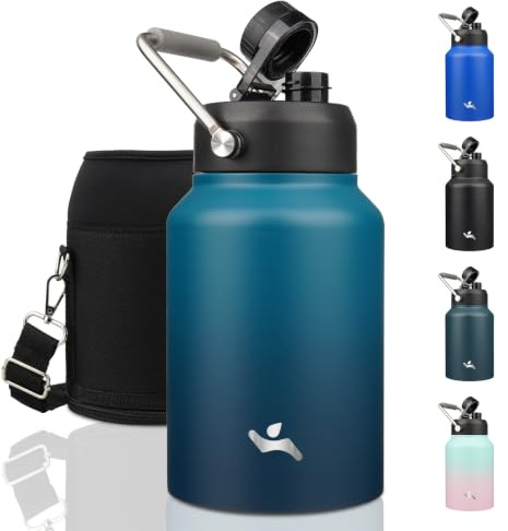 Konokyo 64 oz Insulated Stainless Steel Water Bottle Jug with Handle | BPA-free, leak-proof half gallon jug with wide mouth and pouch for gym, work, camping, travel & outdoor hydration