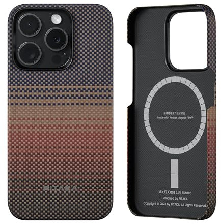 PITAKA Magnetic Case Compatible with iPhone 15 Pro Aramid Fibre Ultra Thin and Light Amber Magnet Film Protective Case with Visualised Magnets and 3D Texture Feel [MagEZ Case 5] Sunset