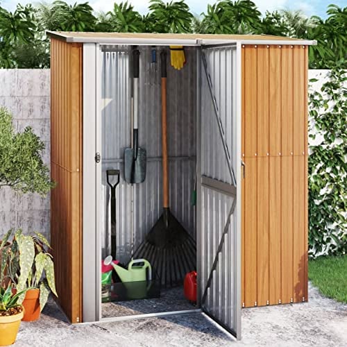 Homgoday Geräteschuppen Gerätehaus Garten Schuppen Gartenhaus Schrägdach Metall-Schuppen Lagerschuppen Gartenschrank für Garten Terrasse Braun 180,5x97x209,5 cm Verzinkter Stahl