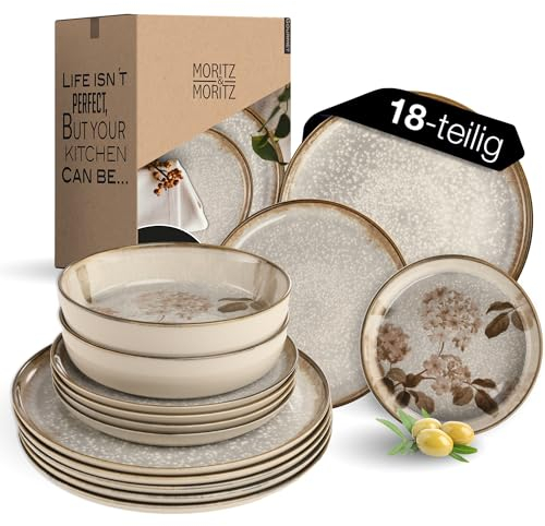 Moritz & Moritz BLOSSOM 18-teiliges Geschirrset 6 Personen - Elegantes Teller Set aus hochwertigem Porzellan mit floralem Design - Geschirr Set aus 6x Dinnerteller, 6x Dessertteller, 6x Suppenteller