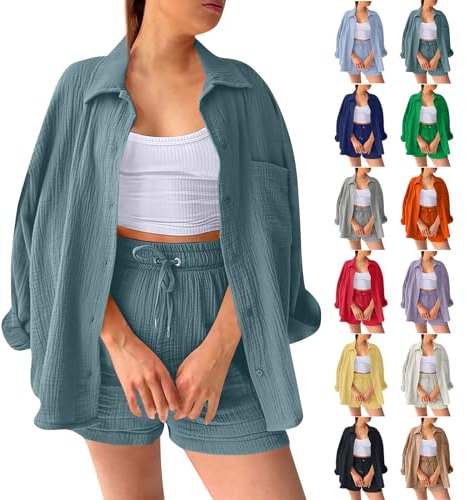 Set Damen Outfit Kurz Sets Workout Set Damen Sport Set Damen Bekleidung Kurz Sommer Kleidung Damen Zweiteiler Elegant Sport Outfit Damen Sportbekleidung Activewear-Sets Für Damen(3-Blue,XXL