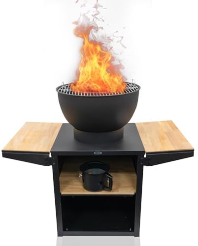 HEAT Outdoor Living Feuerkorb Kjok Schwarz - Feuerkorb für den Garten - Feuertonne & Feuerstelle - Feuerschale aus stabilem Stahl - Mit Plancha und Grill zum Kochen - 120x60x100 cm