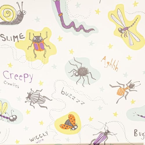 SOPHIE LAURENCE Kids Nature Wallpaper - Bug Lime Plum Cream Insect Theme, Colorful Animal Print, Peelable & Spongeable, 0.53m x 10m Roll, Ideal for Nursery and Playrooms