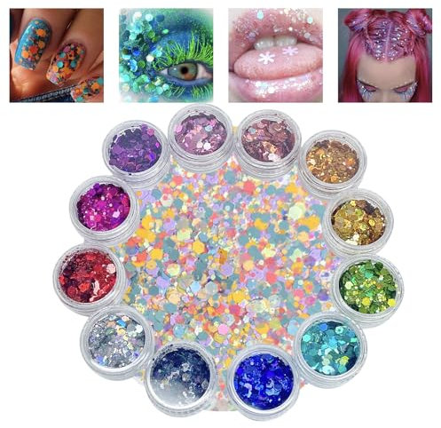 12 Colors Friendly Cosmetic Glitter, Non-Toxic Festival Glitter for Nails, Hair, Eye Makeup, DIY Art (Multi-Color Set)