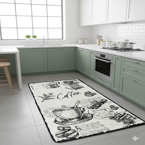miqna Teppich Moderner Küchenteppich Gel Läufer Küchenläufer Grau Weiß Schwarz mit rutschfestem Bodenmuster mit Schriftzug Coffee Macchiato (Core Black, 60 x 200 cm)