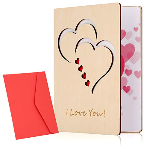 Wooden I Love You Card,Wedding Anniversary Cards for Wife Girlfriend Husband Boyfriend,Handmade Birthday Cards,Anniversary Card for Her Him,Wood Love Greeting Card with Envelope