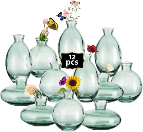SAWOAKE Glas Bud Vasen Set von 12, Kleine Diamant Bud Vasen in Bulk, Mini Blumen Vasen für Mittelstücke, Vintage Flasche für Tischdekorationen, Hochzeitsdekoration, Recepetion, (12, Grün)...