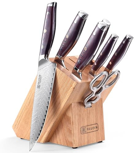 PAUDIN Damascus 8 Pieces Kitchen Knife Set with Block 67-Layers Damascus Steel, Ultra Sharp Japanese Knife Set with Full Tang G10 Handle, Chef Knife Block Set
