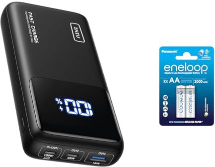 INIU Power Bank, 100W 25000mAh Powerbank & Panasonic eneloop, AA/Mignon wiederaufladbare Akkus, Ready-to-Use