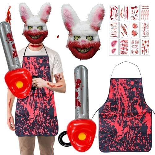 BGTLJKD Halloween MáScara Horror Conejo Set, Disfraces Halloween Hombre One Size, Viene con MáScara Horror Conejo, Delantal de Sangre de Halloween, Motosierra Inflable y Pegatinas