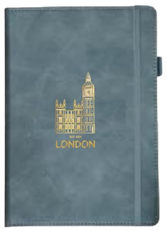 A5 Thermo PU Leather Journal Notebook – London Souvenir Skyline Teal Notebook - 192 Pages, Pen Loop, Rear Pocket & Bookmark, London Eye, Big Ben & Tower Bridge Travel Notebook (Big Ben)