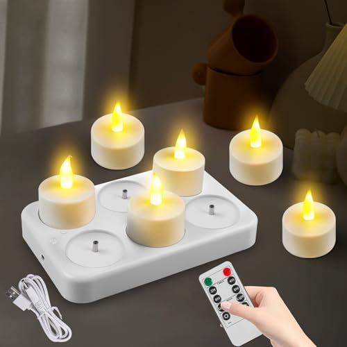 GBKDQQ 6 Stück Led Teelichter mit Timer, Wiederaufladbar, LED Kerzen mit Timerfunktion, Flackernde Flamme für Halloween Deko, Weihnachtsdekoration, Zimmer, Wohnzimmer