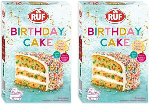 RUF Birthday Cake, Geburtstagskuchen, Schicht-Torte aus Rührteig und Konfetti-Streusel, Tortencreme und buntem Dekor-Mix, für Kindergeburtstag, Familienfeier, Einschulung, 1x425g (Packung mit 2)