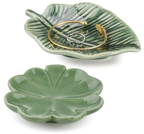 2 Stück Keramik Tablett Deko Blatt Schmuckschale Schmucktablett Klein Schmuckteller Schlüsselablage Ringschale Armband Organizer Aesthetic Deko für Wohnkultur Hochzeitsgeschenk Schmuckaufbewahrung