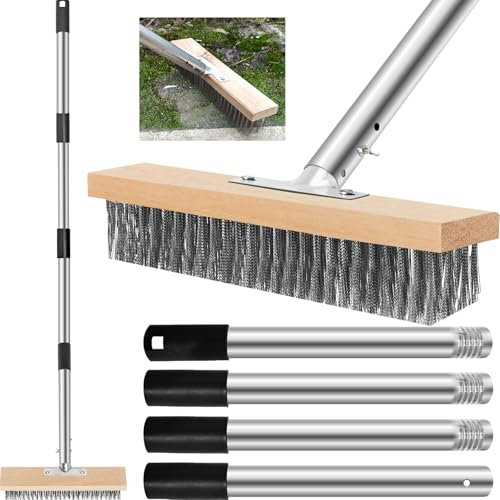 Drahtbesen zur Moosentfernung mit Stiel, Robust und Langlebig Stahldrahtbesen mit Teleskopstiel 120 cm, 30 cm Drahtbesen für Pflastersteine, Moosentfernung, Algen, Hof, Wand, Garten und Terrasse