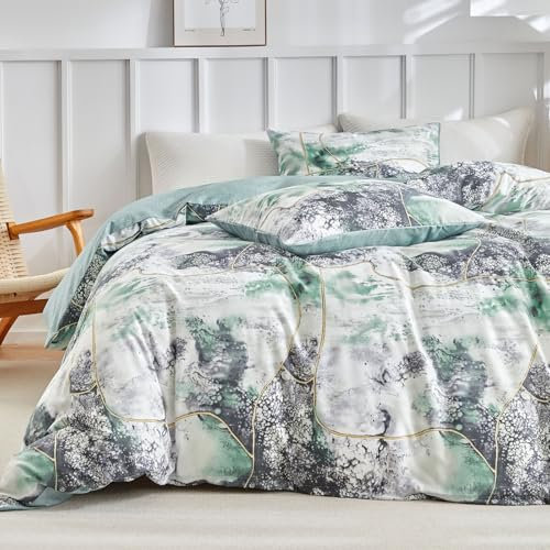 Lekesky Double Duvet Cover Set Green and Grey Bedding Set, Abstract Marble Texture Green Double Duvet Set (1x Duvet Cover, 2x Pillowcase) Microfiber Double Duvet Cover 200x200 cm, Green/Marble