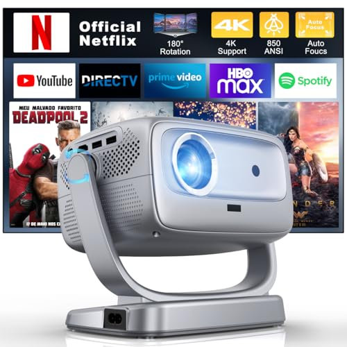 Portable WiFi Projector with Bluetooth and Wi-Fi: [Auto Focus and Keystone/360° Support] Smart TV 4K Movie Projector with Netflix Apps of 50%