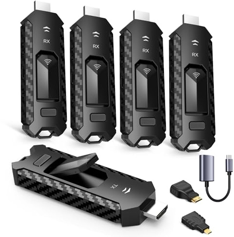 Wireless HDMI Transmitter and Four Receivers, Portable Multi-TV Extender, Plug and Play, Heat Control, 5.8G/2.4G@60Hz 50m, Wireless Video Stream from Laptop