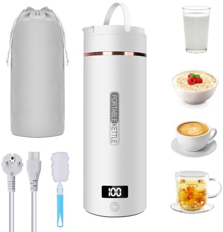 Hervidor de Agua Portatil, 450ML Mini Portátil Hervidor de Eléctrico, 3 en 1 Hervidor Eléctrico y Termo Hervidor de Viaje Doble Capa 316 Acero Inoxidable, para Camping, Aire libre