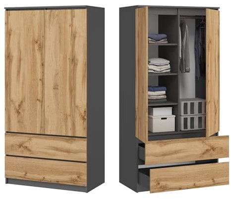 Kleiderschrank Schrank Anthrazit und Eiche 180cm hoch 90cm breit mit 2 Schubladen, 3 Einlegeböden und Kleiderstange Haushaltsschrank Schrank Organizer aus Holz für Schlafzimmer Flur Keller Büro