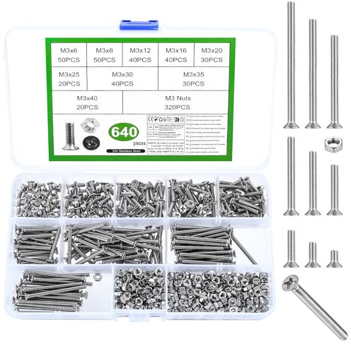640 Pcs M3 Bolts Set, Countersunk Head Bolts and Nuts, Flat Head Screws, Stainless Steel Cross Machine Screws and Nuts Assortment Kit