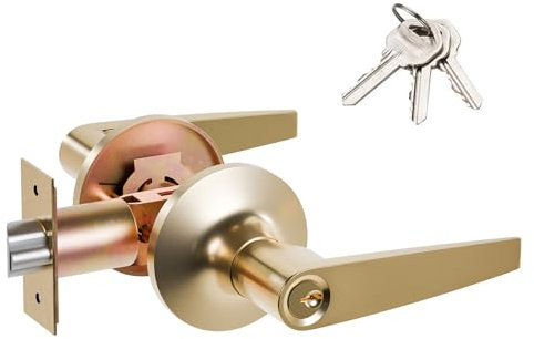 1 Pack of HAIFUAN Door Lever Handle Lockset, Doob Knob for Use of Entry, Gold Color, Come with 3 Keys(802G-K)