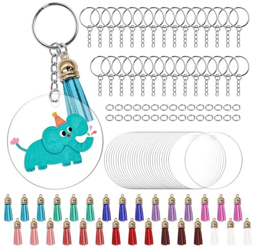 NVGFTG 120 Stück Acryl Transparent Kreis Schlüsselbund Set mit Acryl Schlüsselanhänger Rohlinge, Schlüsselringe mit Kette, Biegeringe, Bunt Quasten Anhänger für DIY Schlüsselanhänger Basteln