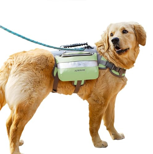 GooCare X Jumahe Großer Hunderucksack Geschirr 2 in 1 Design Wasserdichtes Muster mit Reflexstreifen und Seitentaschen (Grün)