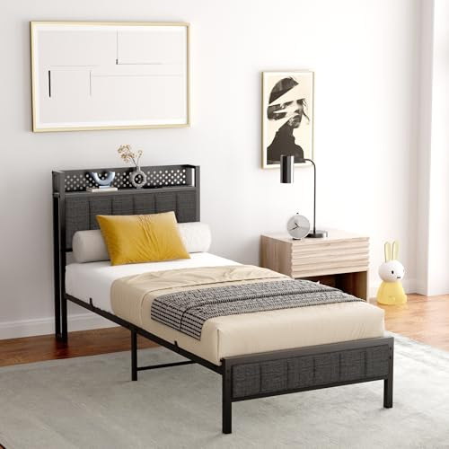 okwish Metallbett 90x200 cm, Gepolstertem Kopfteil mit USB & LED, Funktionsbett Jugendbett Einzelbett Bettgestell mit Lattenrost aus Metall, Leinen Schwarz