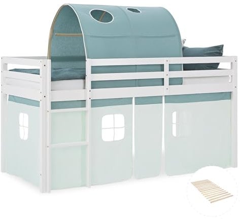 Homestyle4u Kinderbett Hochbett 90x200 mit Vorhang Tunnel Lattenrost Treppe Grün Bettrahmen Holz Kiefer Weiß