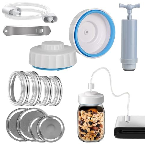 Juego de envasado al vacío para tarros – Sellador de vidrio y tubo de vacío para tarros | Compatible con jarras, prolonga la frescura y protege los alimentos del aire y la humedad