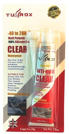 TUFROX 50g Clear Silicone Sealant – 100% Silicone, waterproof & flexible. Ideal for bathroom, kitchen, shower, windows. Temp resistant -40°C to +280°C. Smooth finish, anti-fungus, no bubbles.