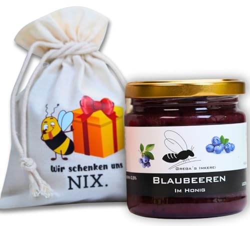 Grega's Imkerei - Honig Geschenkset im Säckchen – Wir schenken uns NIX mit Sorte deiner Wahl Perfekt als Mitbringsel, Abschiedsgeschenk oder Dankschön Geschenk (250 g, Blaubeeren im Honig)